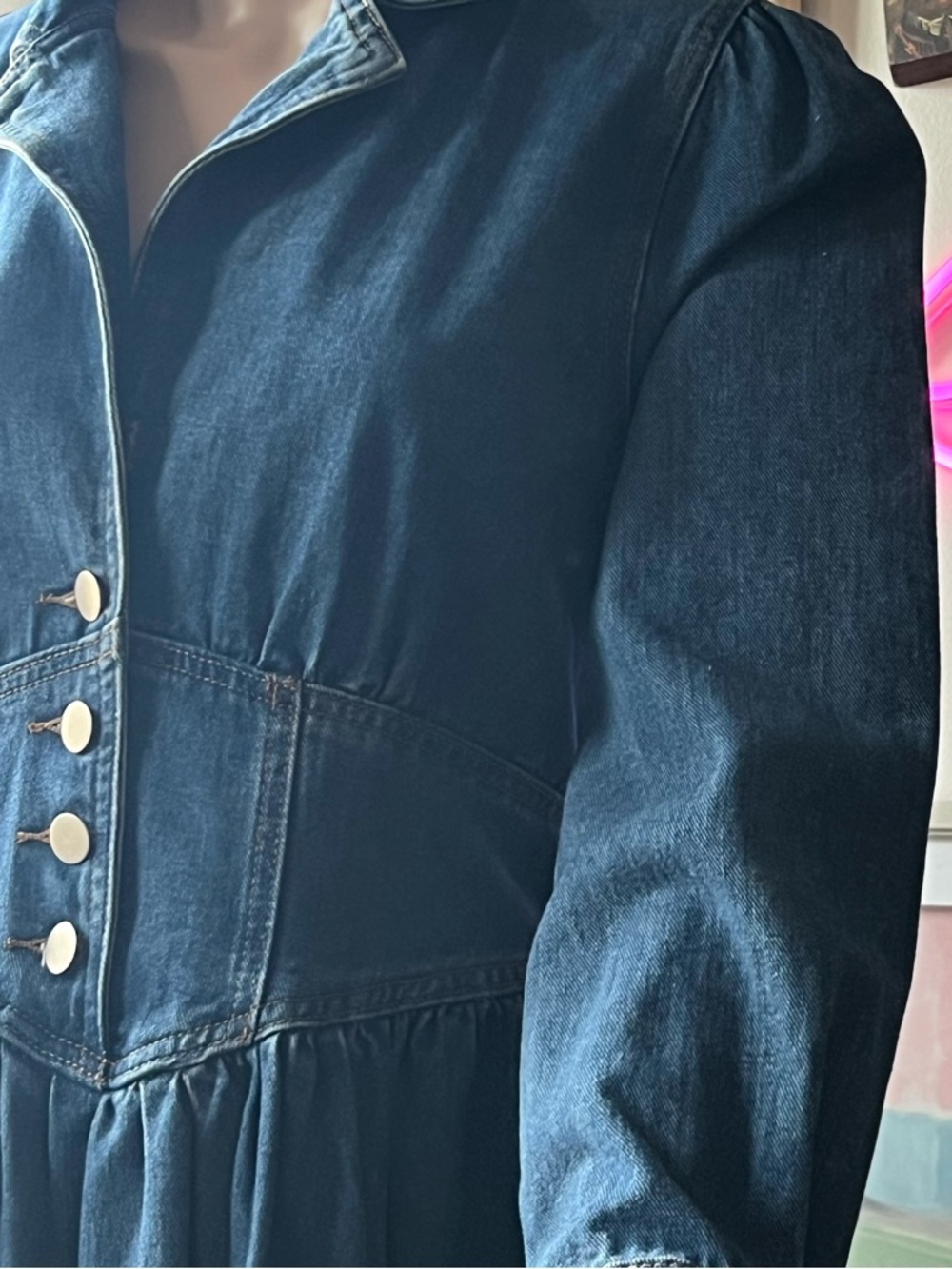 Dark Blue Denim Long-Sleeve Button-Corset Waist Open back A-line Dress - Picture 4 of 16